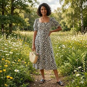 Who What Wear Black White Floral Puff Sleeve Linen-Blend Midi Dress Size M